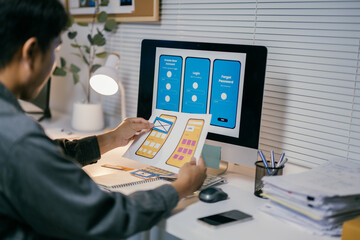 Ux developer comparing mobile application interface sketch on paper with design on computer screen....