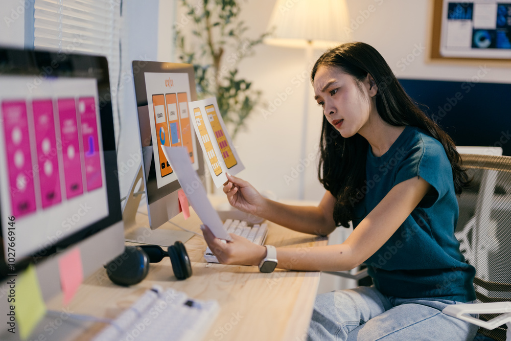 Aufkleber Young asian web designer is reviewing website design printouts while comparing them to her work on a desktop computer
