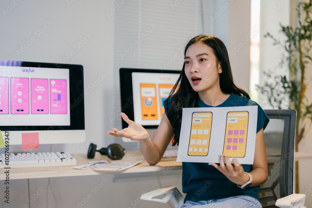 Aufkleber Web designer is showing mobile application mockups while leading a design meeting in an office. She is gesturing with her hand as she explains the new user interface