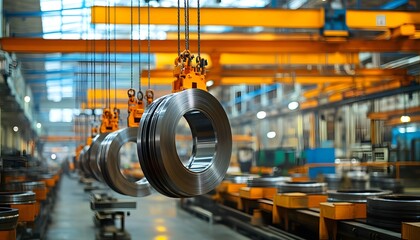 Industrial workspace featuring suspended metal coils and bright machinery in a modern factory.