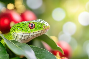 Fototapeta premium Green Snake Celebrating the Chinese New Year With Red Lanterns and Gold Decorations