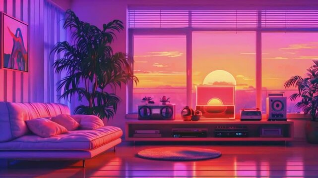 cozy, retro-futuristic living room aesthetics sunset vtuber asset twitch zoom OBS, anime chill hip hop cyan purple colors manga style loop animation virtual stream overlay wallpaper cozy room interior