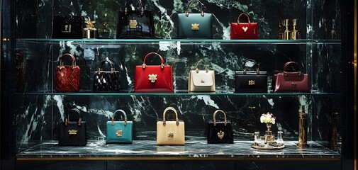 Luxury handbags displayed elegantly in a stylish store showcase, featuring various colors and designs for fashion enthusiasts.