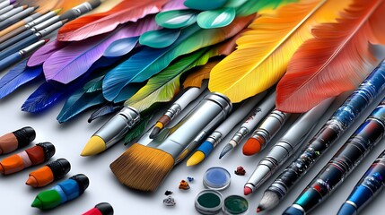 Obraz premium Colorful Feathers Paint Brushes and Art Supplies on White Background