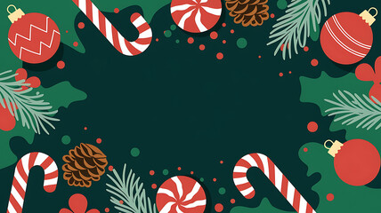 Red and white candy canes and ornaments on a green background, festive Christmas design. 
