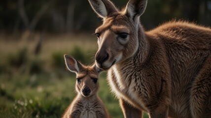 Fototapeta premium A mother kangaroo and her joey stand in a field, the joey looking up at its mother with affection.