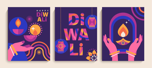Set Diwali festival flyers, cards with symbols of holiday -oil lamp,lotus,fire,burning diya.Template design for web, social media,Diwali festival with Rangoli decoration with Diya.Vector illustration.