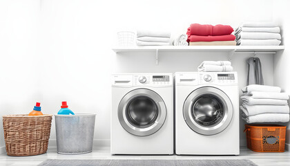 Washing machine, detergents, towels and shelving unit in laundry room isolated with white highlights, png