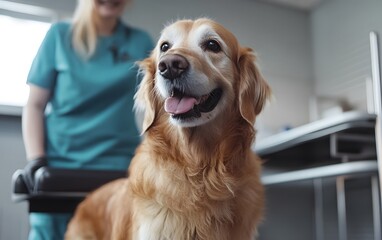 Playful golden retriever in a veterinary clinic, exuding warmth and friendliness during a routine checkup.