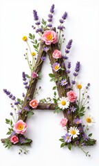 A beautiful floral letter "A" made from wooden branches, decorated with colorful flowers and green leaves. Perfect for nature, typography, and floral art themes.