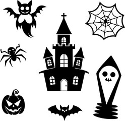 halloween vectors.Collection of Happy Halloween Icons.cute cartoon vector halloween pumpkin.Graveyard tombstone and cross, spider and cobweb, ghost and pumpkin.Scary Halloween pumpkin.Collection happy