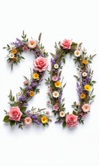 A graceful floral number "20" made with wooden branches and decorated with delicate flowers and leaves. Perfect for nature, typography, and floral art projects.
