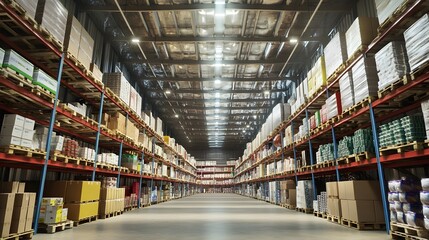 Spacious warehouse interior with stacked shelves and organized inventory, ideal for logistics and storage imagery.