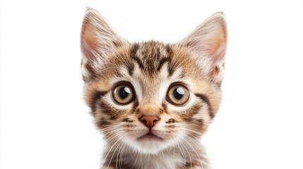 Obraz premium A close-up portrait of a cute tabby kitten with big, curious eyes, looking directly at the camera against a white background.