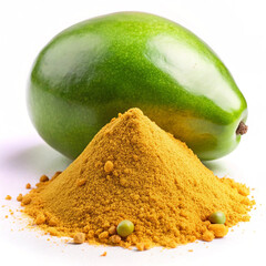 A fresh Langra mango, is green skin marked with subtle streaks, against a bright white background