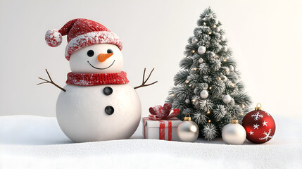 3D Snowman and Christmas Tree Isolated on White Background