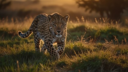A majestic leopard walks through tall grass in the golden light of sunset.
