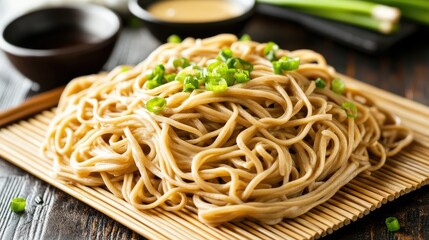Delicious Noodles with Green Onions on a Wooden Surface