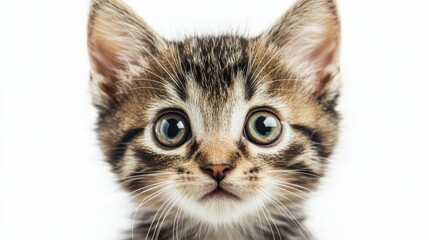 Obraz premium A close-up portrait of a cute tabby kitten with big, curious eyes, looking directly at the camera against a white background.