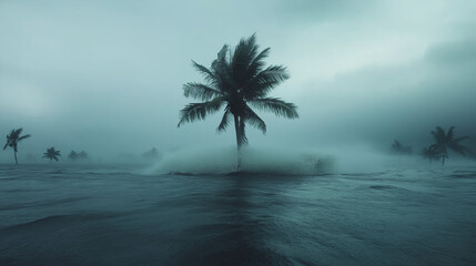 Hurricane hitting a small island, strong winds blowing palm trees, storm surge flooding homes