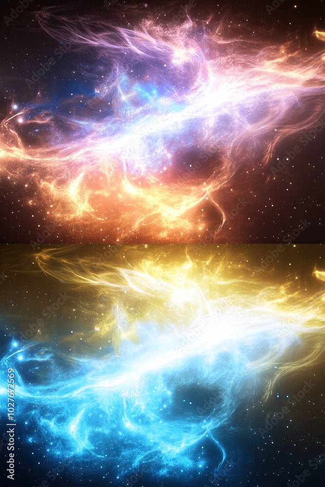 Poster swirling cosmic patterns in vibrant shades of blue and pink create a mesmerizing celestial display