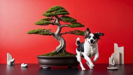 Obraz premium Joyful Dog Playing Near a Bonsai Tree on Bold Red Background