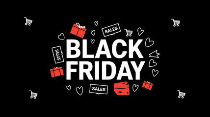 Red gifts and white shopping carts on a black background, Black Friday shopping sale, excitement and anticipation. 
