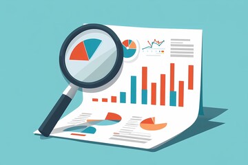 Flat design illustration of competitor analysis with magnifying glass over business report showing pie charts, bar graphs, and market trends in blue, red, and orange on teal background