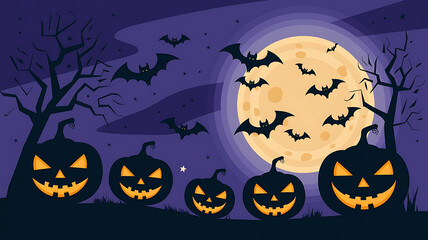 Spooky Halloween pumpkins and bats against a full moon, perfect for festive designs. 

