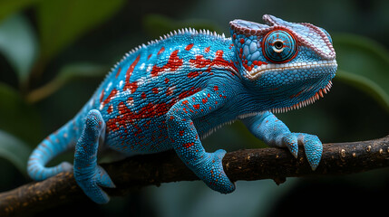 Obraz premium Vibrant Blue Chameleon on Branch Realistic Image