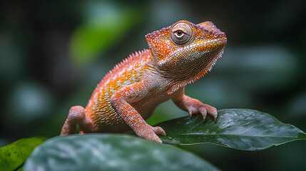 Obraz premium Orange Chameleon on Green Leaf Realistic Photo