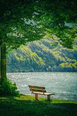 Fototapeta premium Scenic summer landscape of Idro alpine lake surrounded by high rocky wooded mountains, situated in Brescia, Lombardy, Italy, Europe 