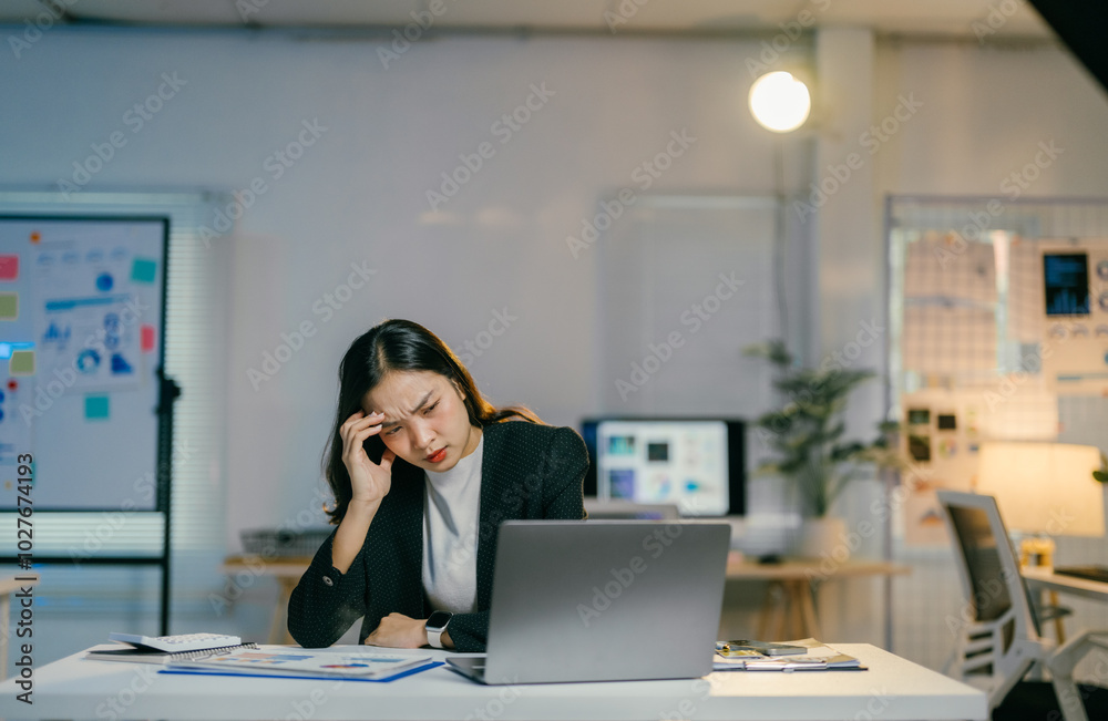 Aufkleber stressed asian businesswoman is feeling tired and having a headache while using laptop and working w
