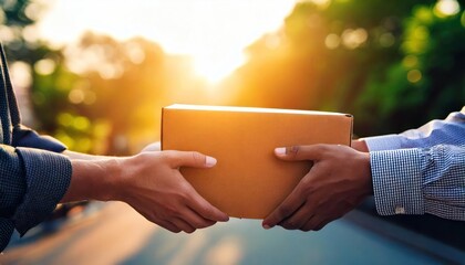 Hands of customer receiving a cardboard boxes parcel from delivery man in the morning, 