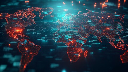 A Digital World Map with Glowing Red Dots and Blue Lines