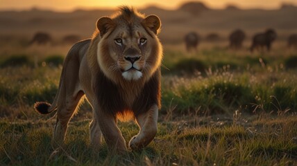 Obraz premium A majestic lion walks towards the camera in a grassy field at sunset, with a herd of zebras in the background.