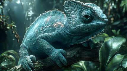 Fototapeta premium Blue Chameleon on Branch, Realistic 3D Illustration
