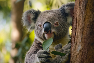 Fototapeta premium Koala sitting by a tree trunk and holding and chewing on eucalyptus leaves, one of which is sticking out of its mouth