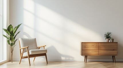 Minimalist living room interior with a white armchair, wooden cabinet, and plants, sunlight streaming through a window.