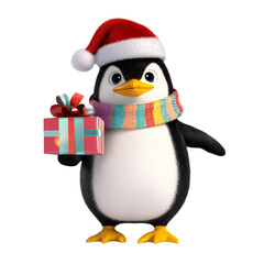 Fototapeta premium A cheerful penguin wearing a Santa hat and a colorful scarf, holding a gift box, perfect for festive celebrations, isolated on transparent background.