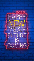 Obraz premium Neon sign on brick wall, yellow and pink, New Year's Eve, optimism and hope. 