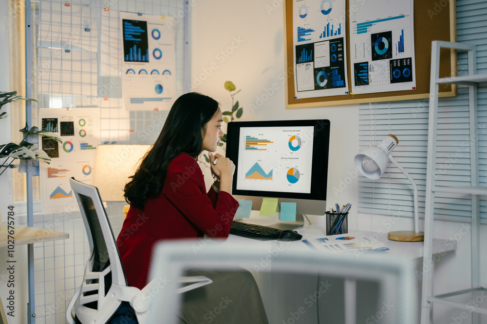 Poster businesswoman analyzing marketing data on computer screen while thinking about new business project 