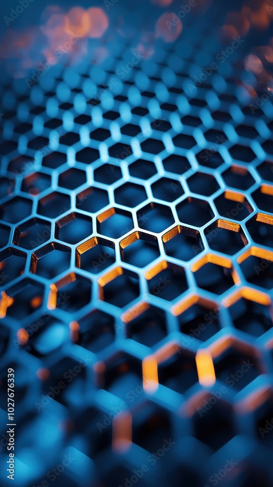 Poster close-up hexagonal pattern, blue and orange tones