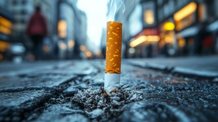 A half-smoked cigarette with smoke rising from it lies discarded on the pavement of a busy city street.