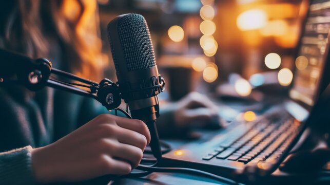 Close up of hand holding microphone while recording podcast on laptop