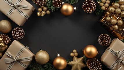 Gold and brown Christmas ornaments and gifts on a black background, festive holiday design. 
