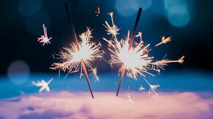 Sparkling fireworks on a snowy background, a celebration of winter holidays and new beginnings. 
