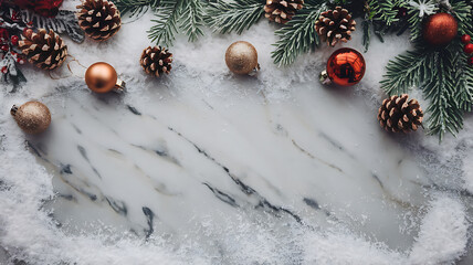Christmas flatlay: red gold ornaments pine cones snowy marble background festive winter holiday design.

