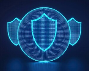 An abstract globe covered in glowing privacy shields, representing global data protection laws and regulations safeguarding personal information