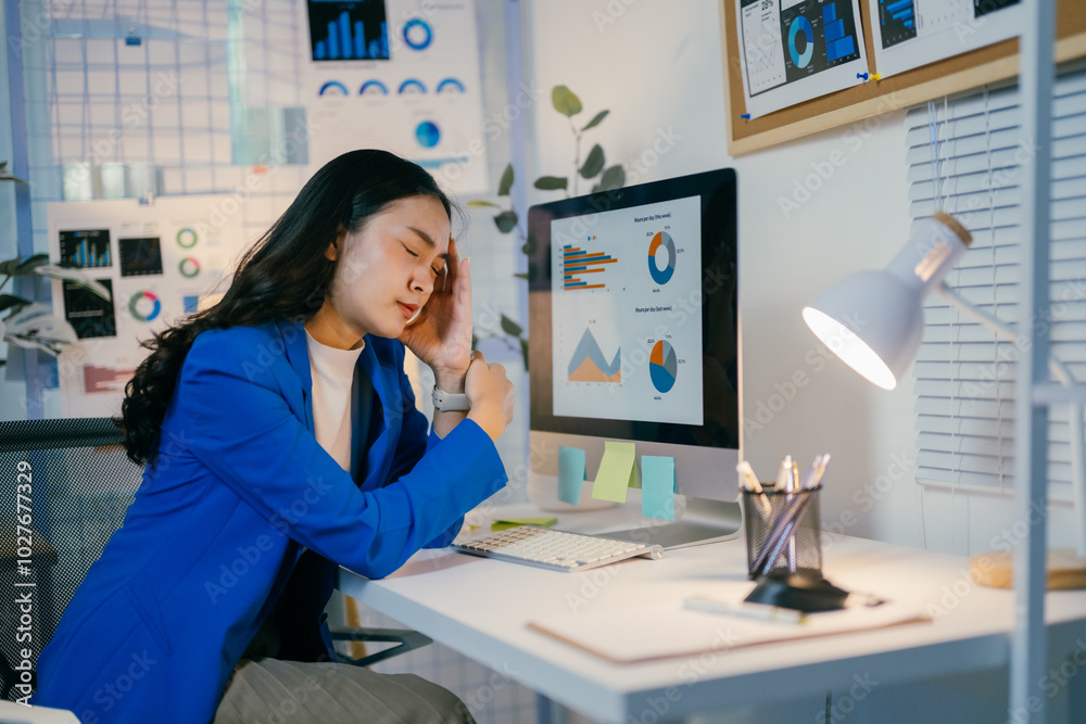 Poster young businesswoman is suffering from a headache while working late in her office. charts and graphs